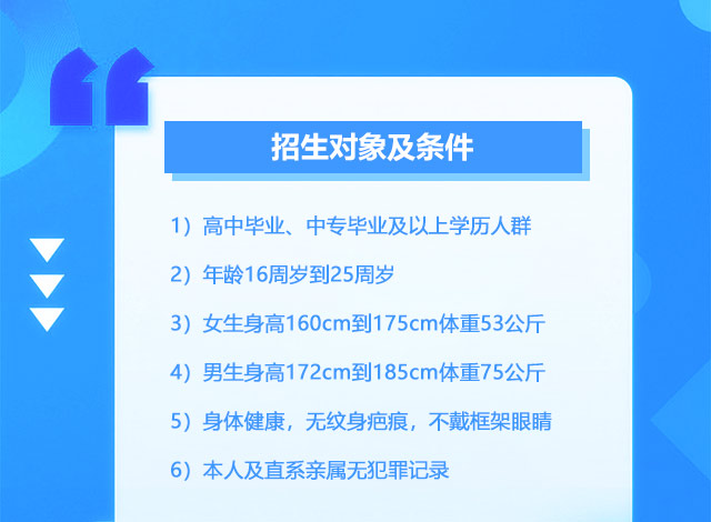 招生对象及条件:1)高中毕业、中专毕业及以上学历人群;2）年龄16周岁到25周岁;3)女生身高160cm到175cm体重53公斤;4)男生身高172cm到185cm体重75公斤;5）身体健康，无纹身疤痕，不戴框架眼睛;6)本人及直系亲属无犯罪记录